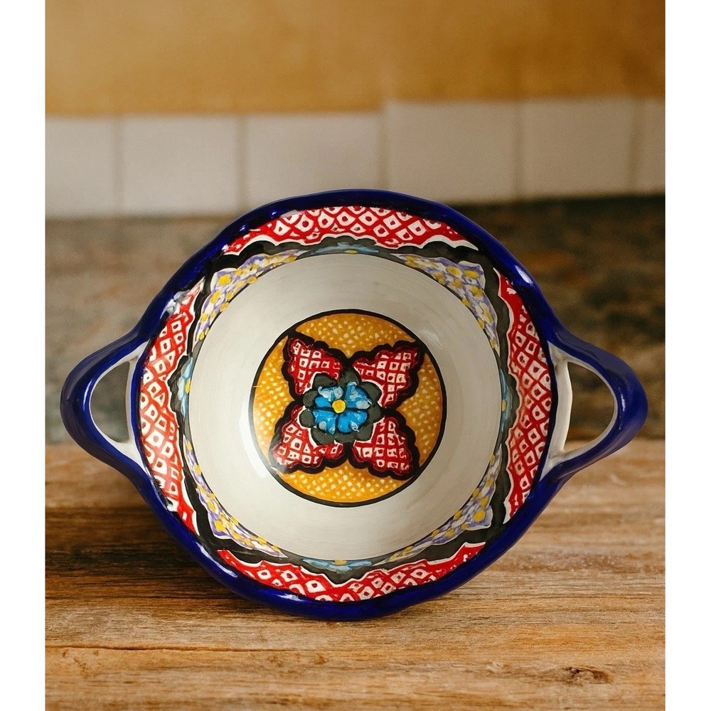 Mexican Talavera Hand Painted Bowl w/ Handles Lead Free Puebla 7" Cancun Signed